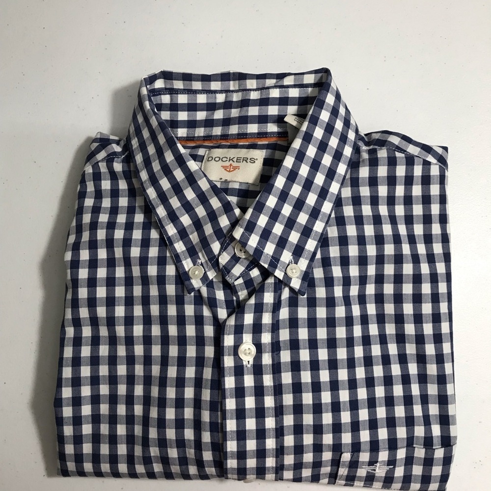 Dockers Men's Navy and White Plaid Shirt Size Large CB-116
